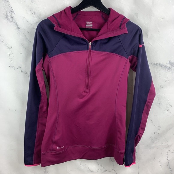 Nike PRO Dri Fit Sz S Womens Half Zip Pullover Hoodie Sweater Fushia Pink Purple - Picture 1 of 11